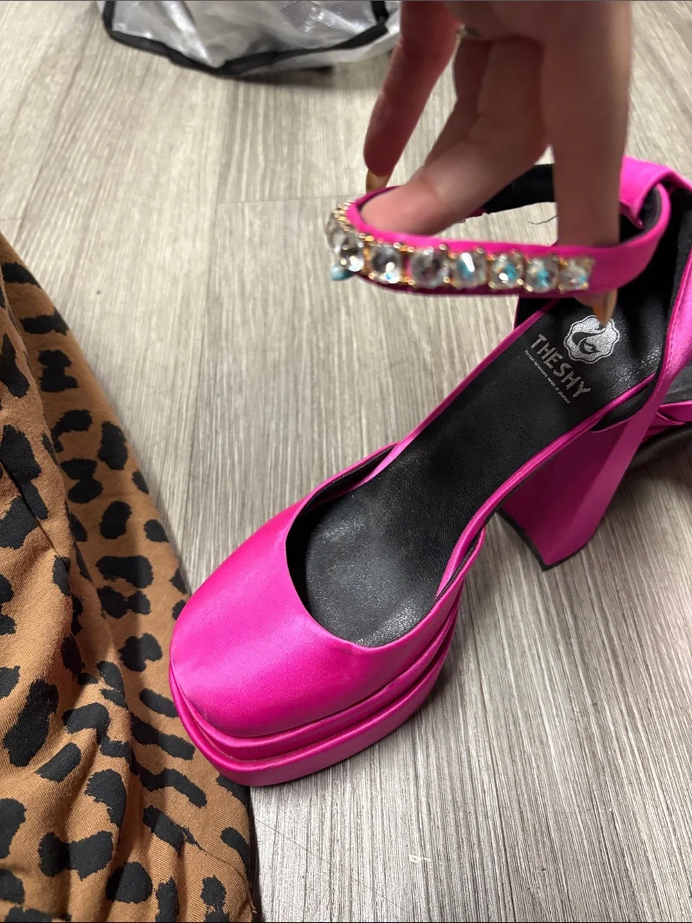 Fuchsia Satin Platform Block Heels with Ankle Strap